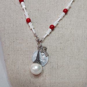 34" LONG Mother of Pearl and Red Bead Manifestation necklace